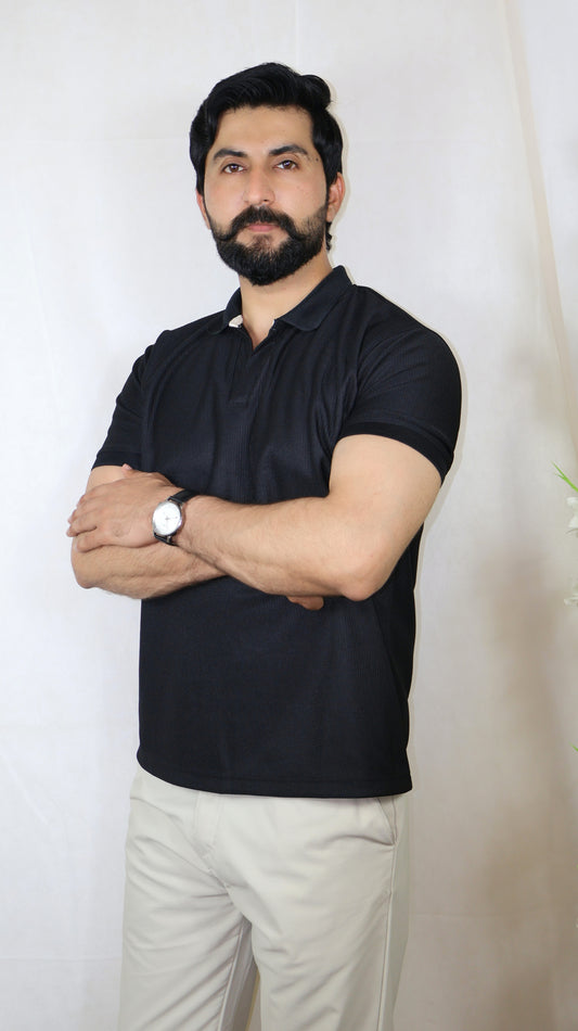 Novira Rib Knit Polo – Black