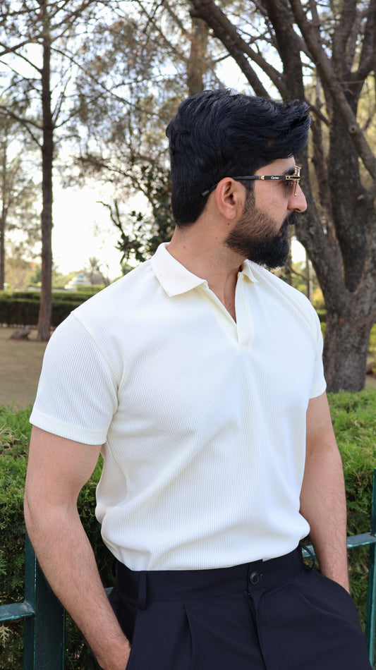 Novira Ivory Textured Polo – Premium Rib Knit Cotton